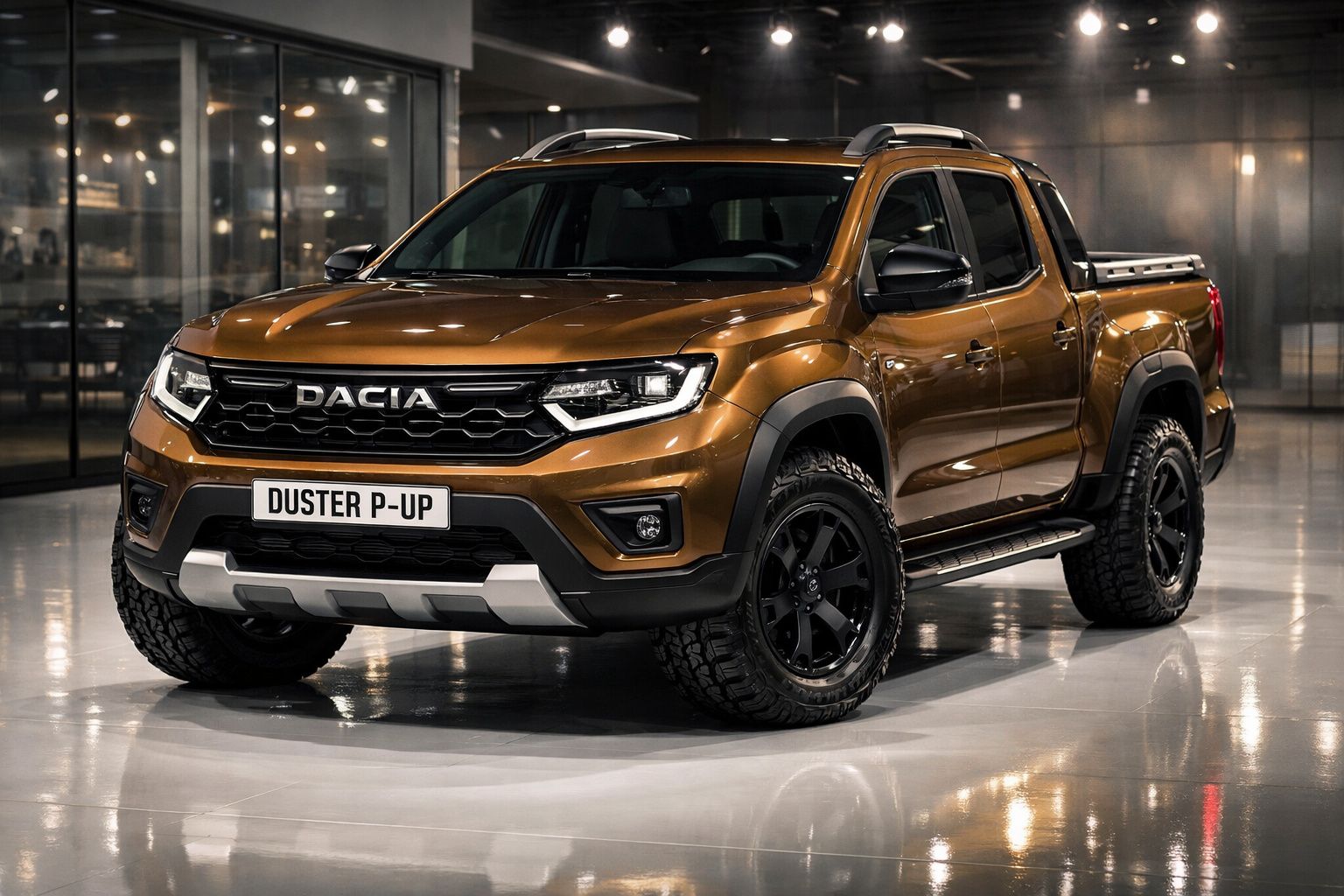 Pick-up Dacia Duster P-Up castanha estacionada em interior com piso refletor e paredes de vidro.