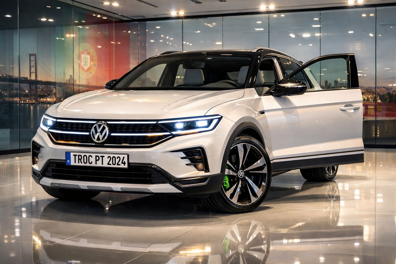 Volkswagen T-Roc branco com faróis acesos e porta dianteira aberta em showroom moderno.