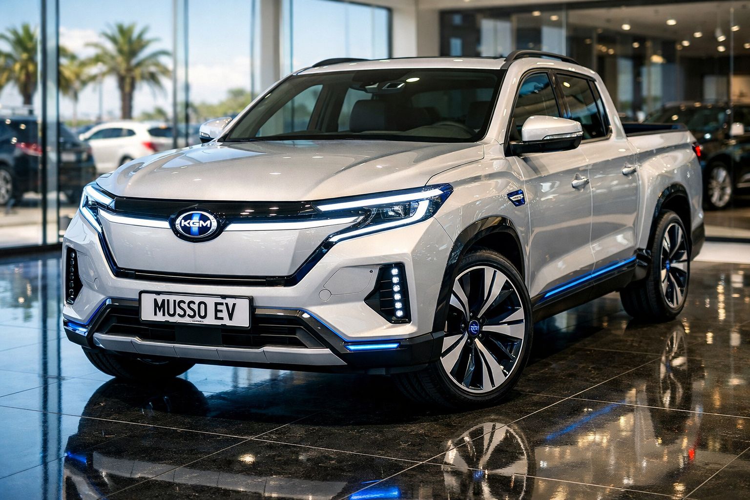 Picape elétrica branca KGM Musso EV em exposição numa sala com chão de azulejo preto brilhante.