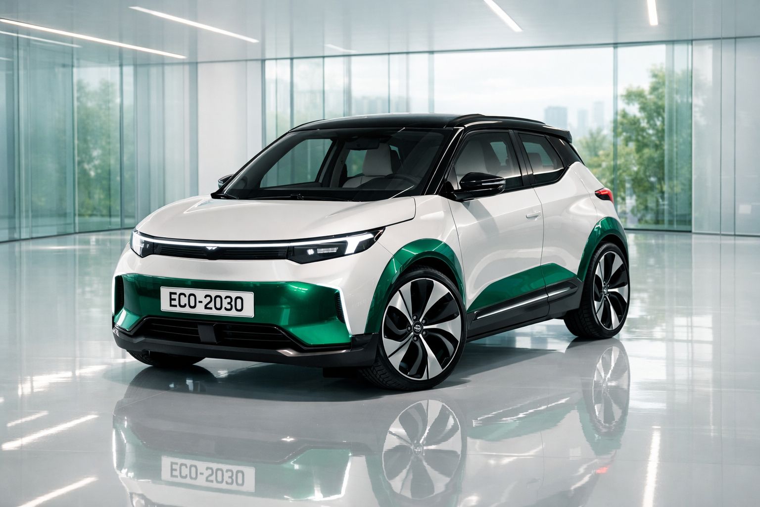 Carro elétrico branco e verde, modelo SUV, estacionado num espaço interior moderno e iluminado.