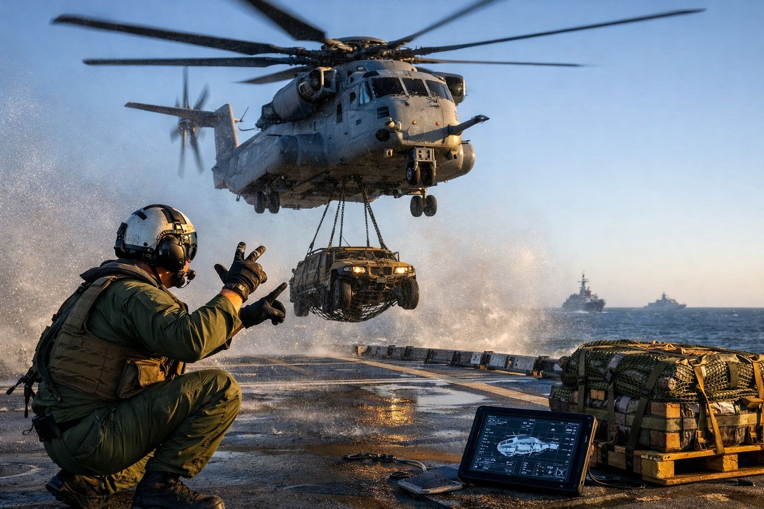 Soldado militar orienta transporte aéreo de veículo Humvee por helicóptero sobre a água num navio naval.
