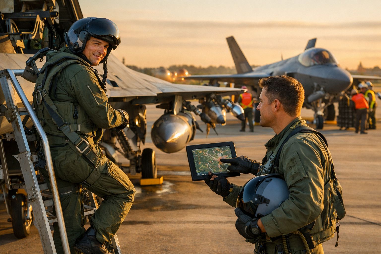Dois pilotos militares junto a aviões de combate na pista, um segurando um tablet com mapa, ao pôr do sol.