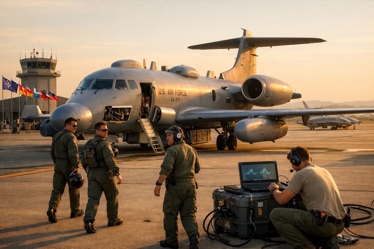 Quatro militares junto a um avião da Força Aérea dos EUA num aeroporto ao pôr do sol com equipamentos eletrónicos.