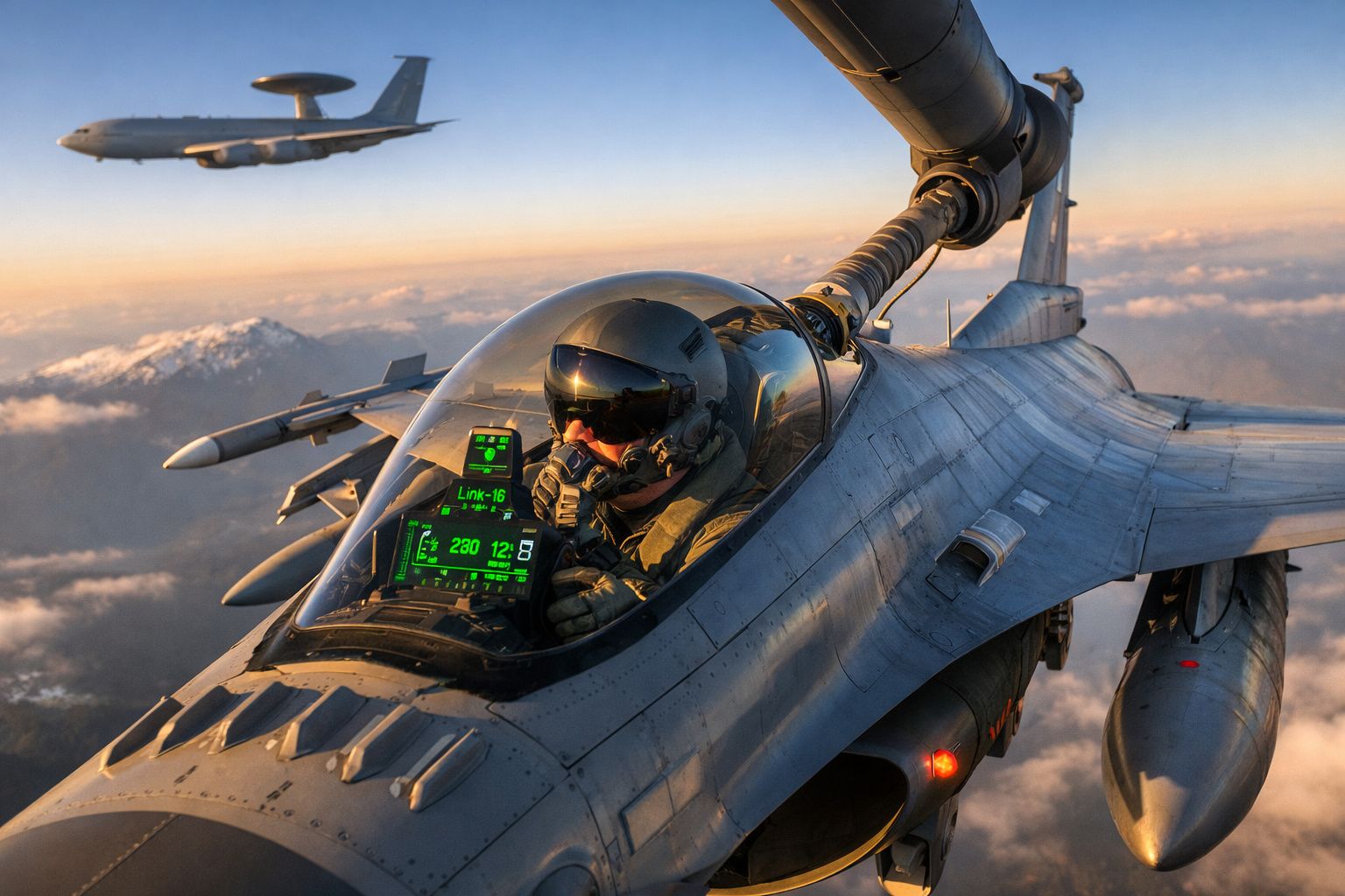 Piloto dentro de caça militar com painel digital e outro avião a voar ao fundo durante o pôr do sol.
