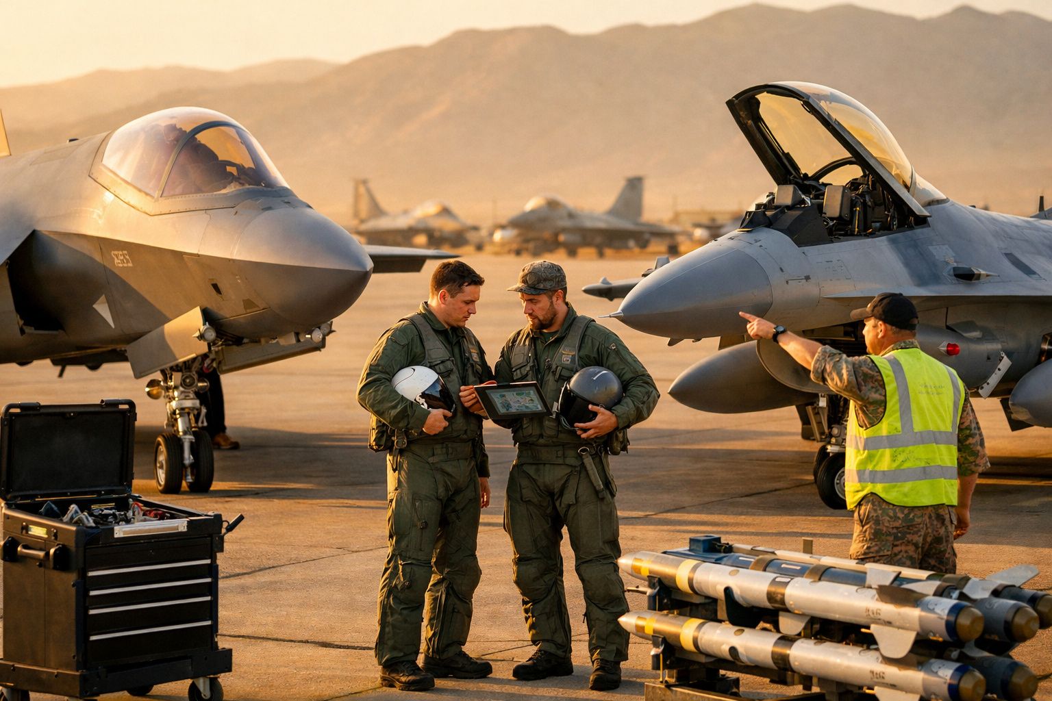 Dois pilotos de caça conversam junto a dois jatos no aeroporto, com um técnico a apontar para algo.