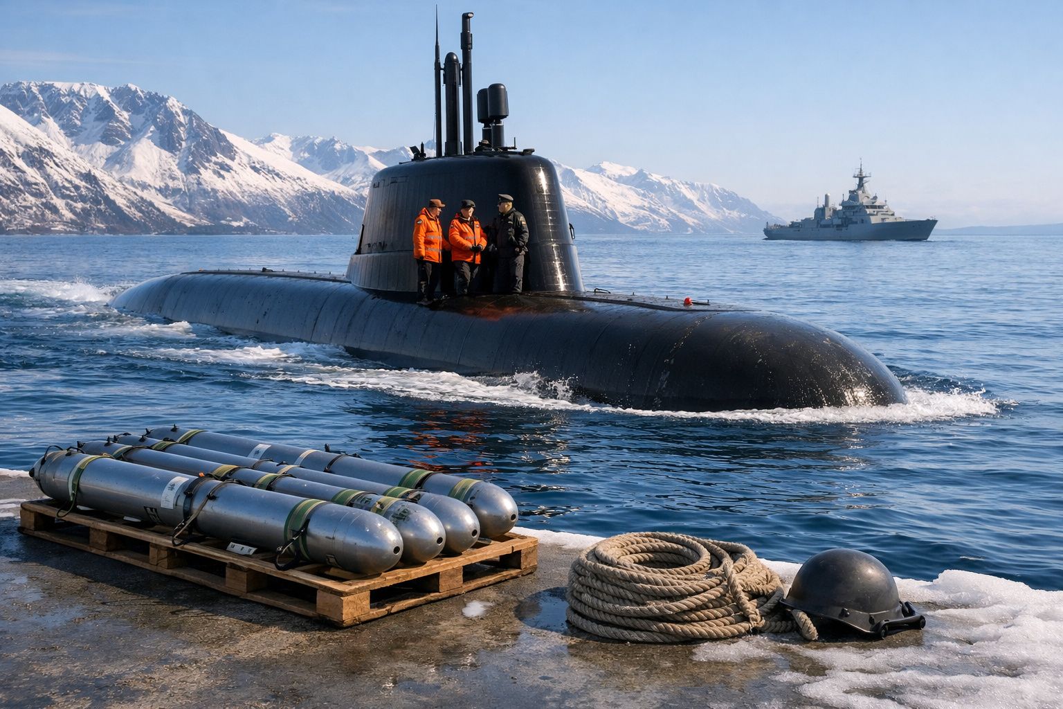 Submarino preto na água com pessoas na torre, torpedos em madeira, corda e montanhas nevadas ao fundo.