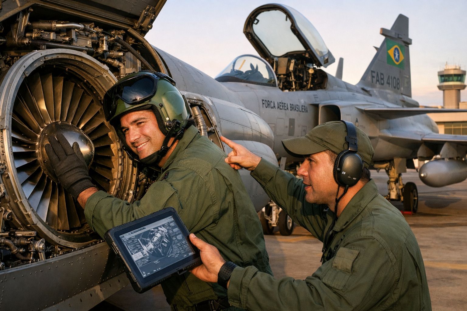 Dois técnicos da Força Aérea Brasileira inspecionam motor de avião de combate numa base aérea.