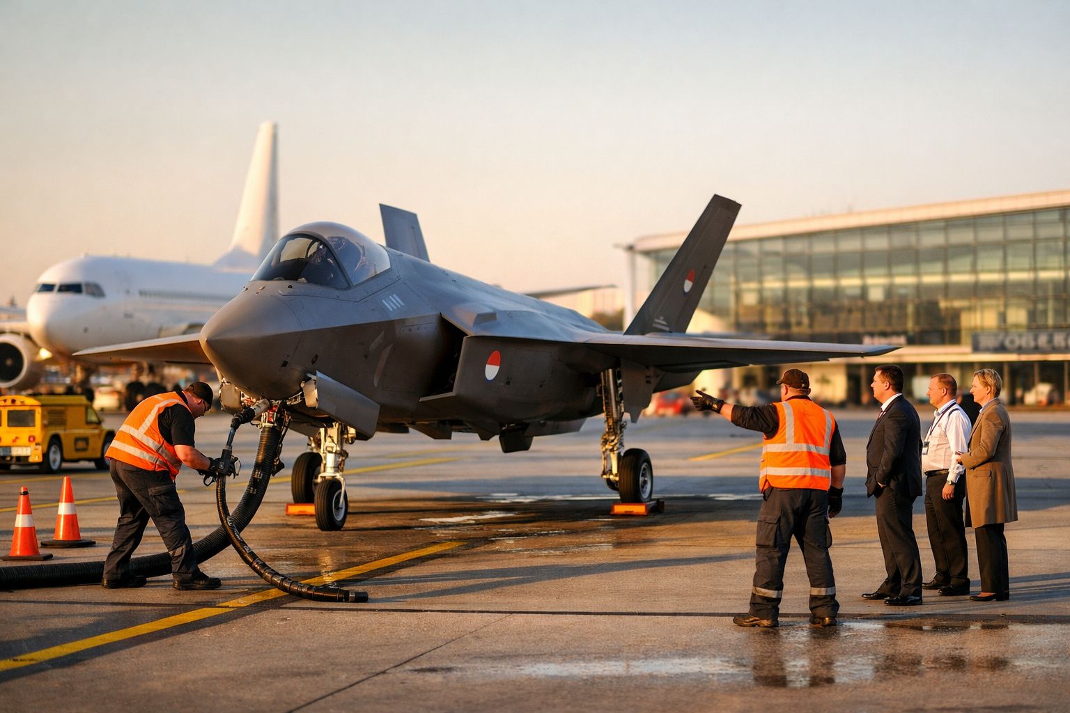 Avião militar estacionado no aeroporto com técnicos a abastecer e várias pessoas observando.