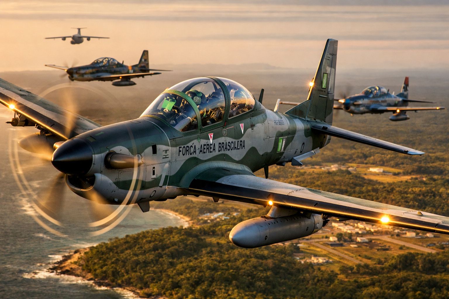Formação de aviões militares da Força Aérea Brasileira a sobrevoar área costeira ao pôr do sol.