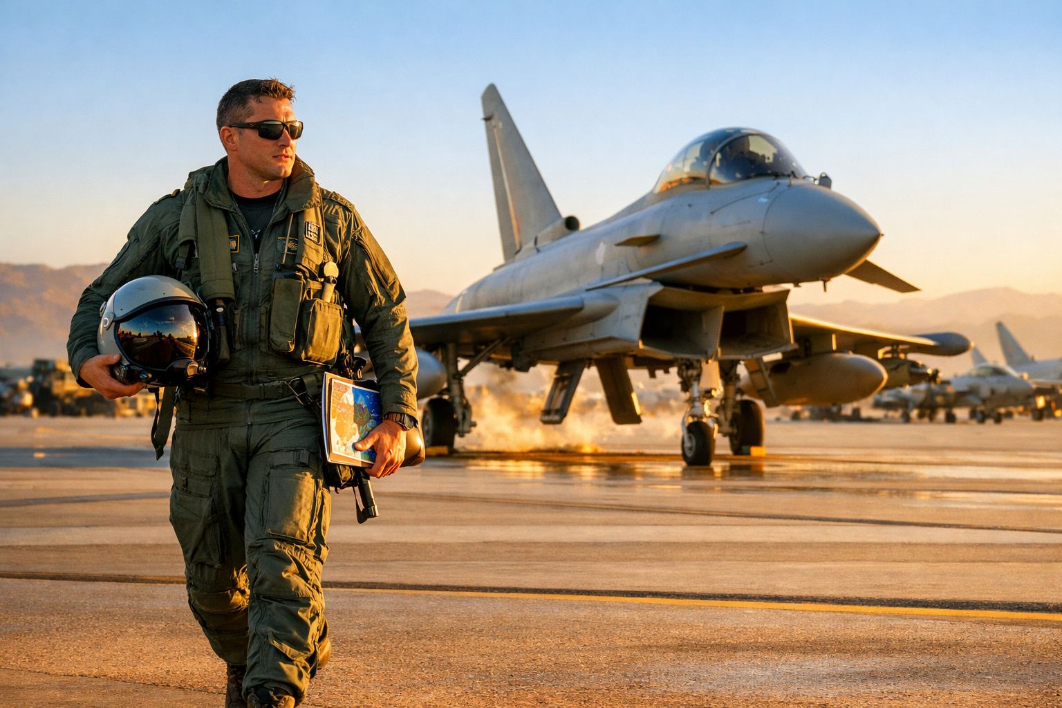 Piloto militar com fato verde, capacete preto e mapas na mão, caminha em pista perto de avião de caça ao pôr do sol.