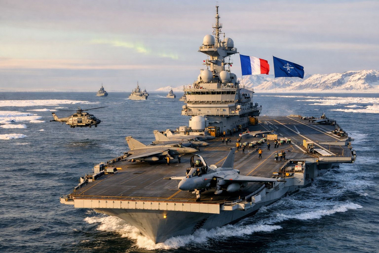 Porta-aviões francês no mar com aviões e helicóptero em voo, acompanhado por navios militares e bandeiras da França e NATO.