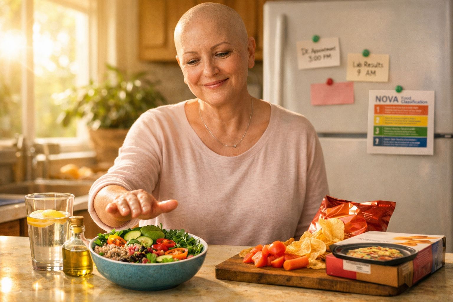Mulher careca sorri enquanto escolhe salada saudável em cozinha iluminada com frutas e snacks na mesa.