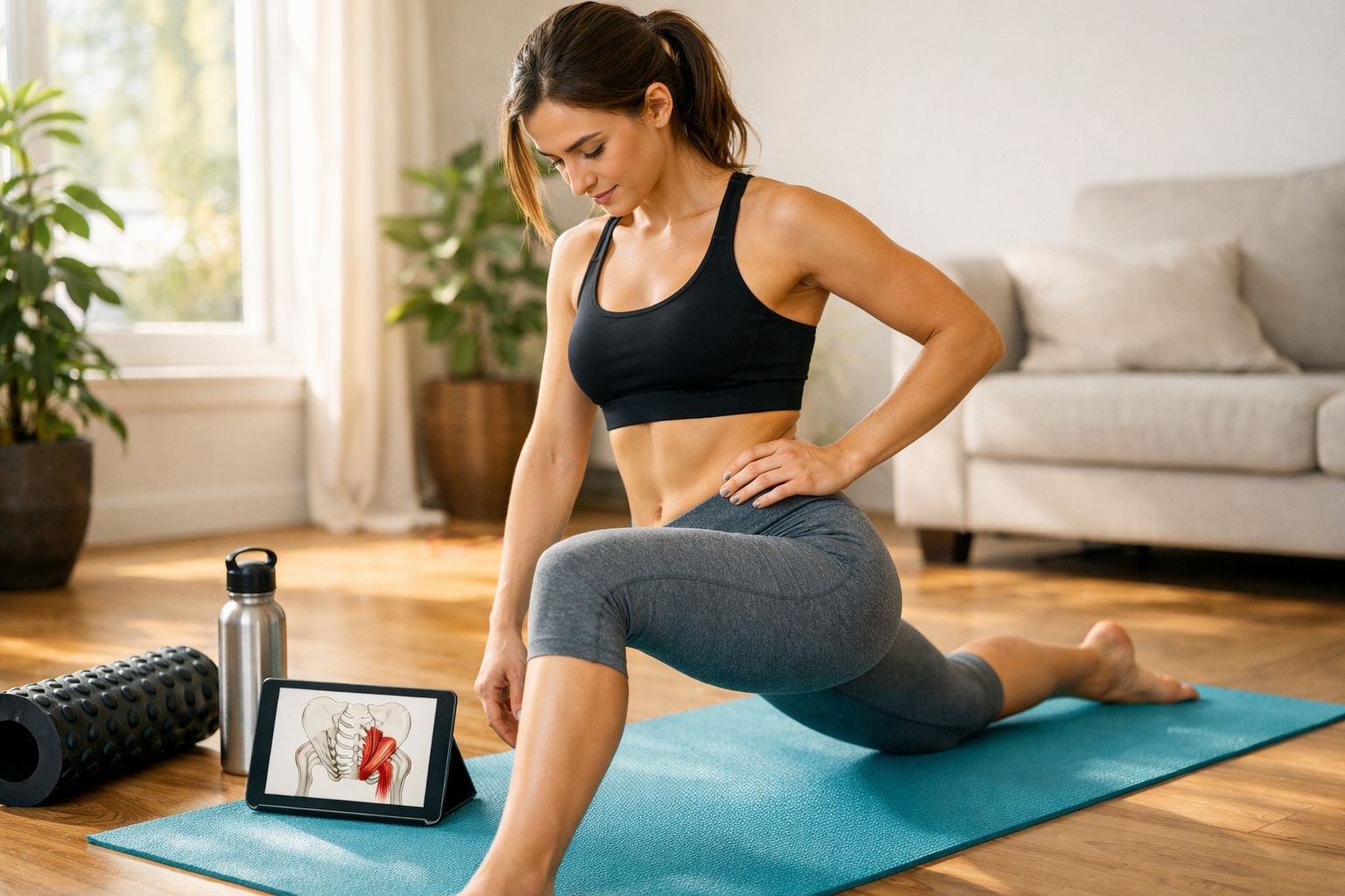 Mulher a fazer alongamento no tapete, com tablet a mostrar músculos e rolo de espuma ao lado.
