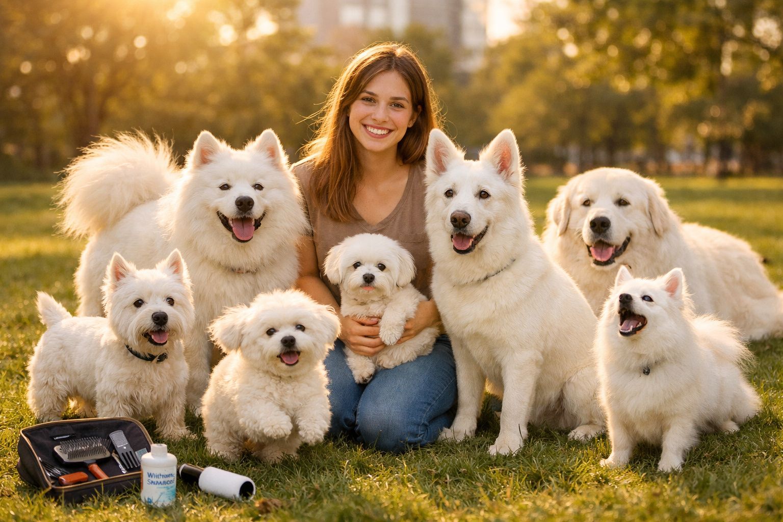 Mulher sorridente rodeada por sete cães brancos de diferentes raças sentados na relva ao pôr do sol.