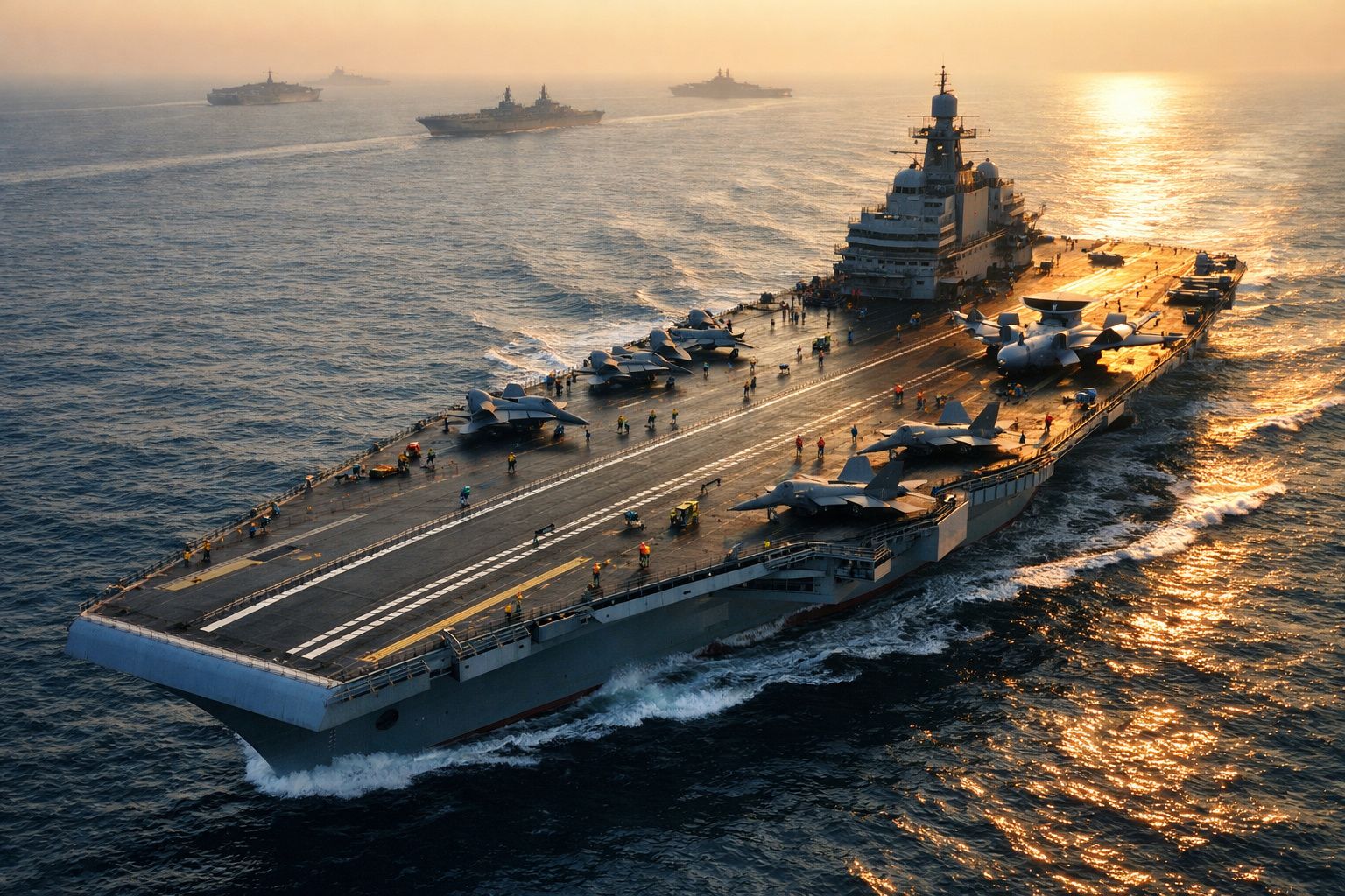 Porta-aviões militar em mar aberto ao pôr do sol com vários aviões de combate no convés.