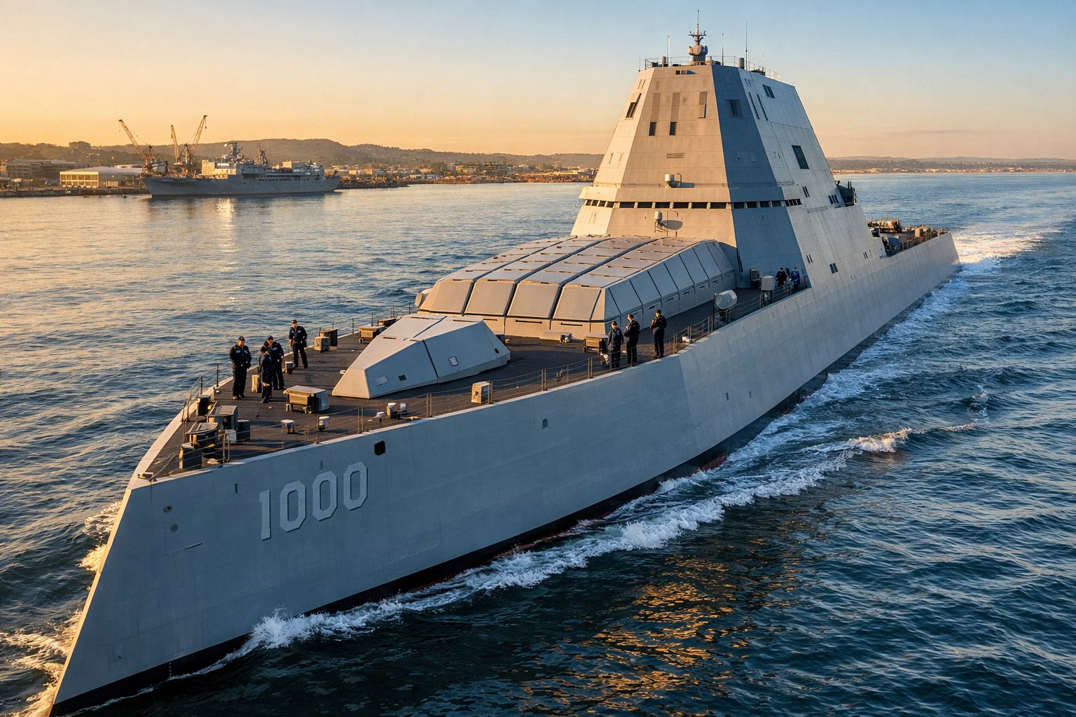 Navio de guerra moderno cinzento a navegar com tripulação no convés ao pôr do sol.