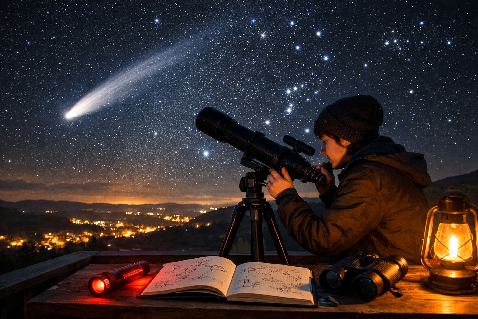 Pessoa observa um cometa no céu estrelado através de um telescópio durante a noite.