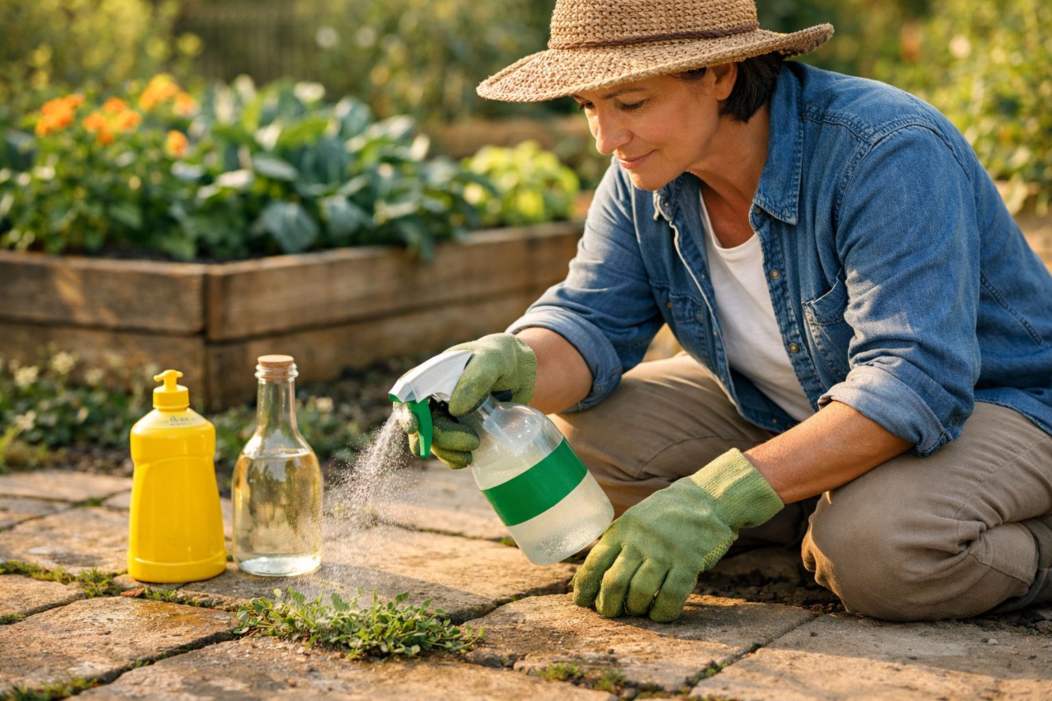 Pessoa com chapéu e luvas a borrifar plantas daninhas com spray num jardim.