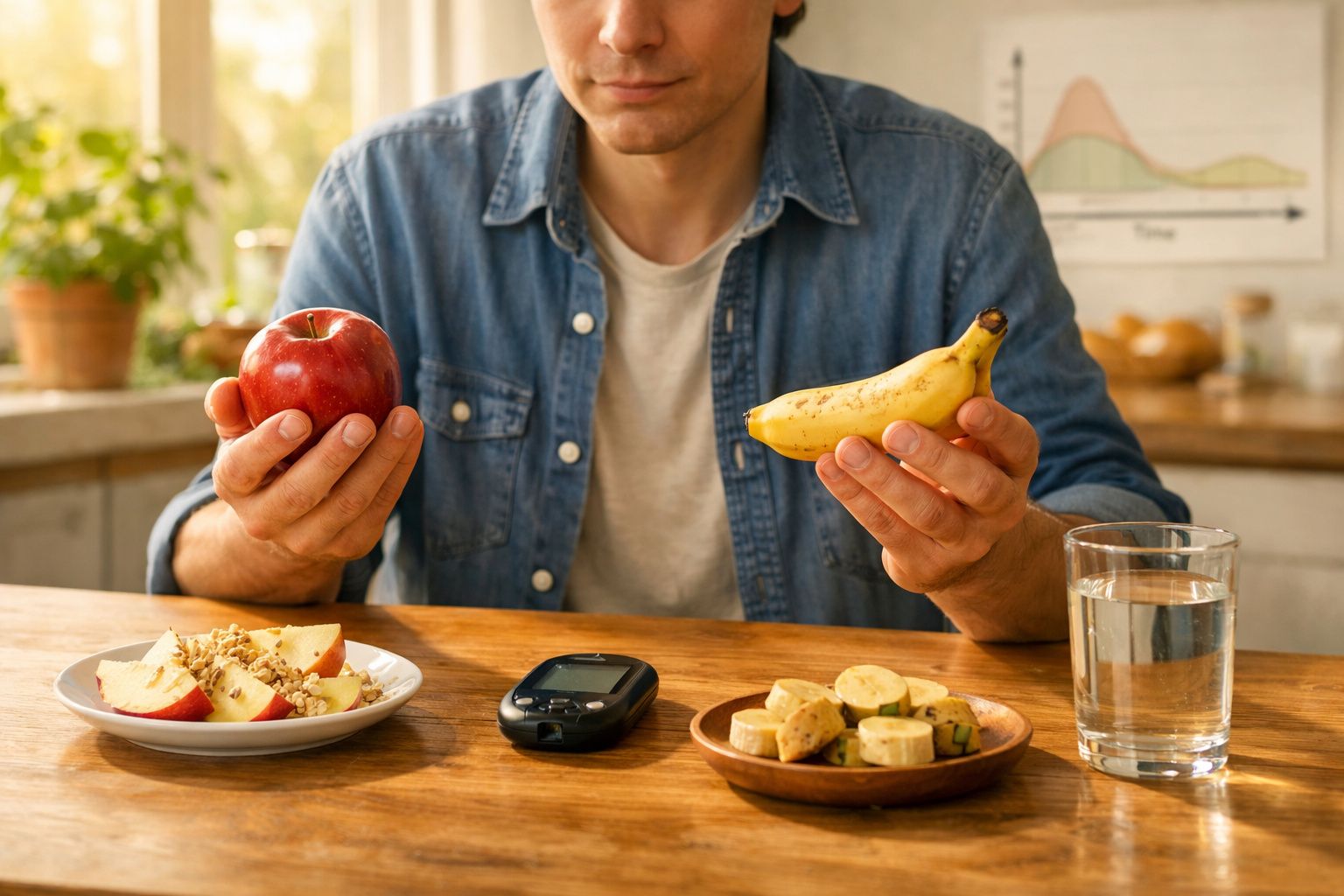 Homem a comparar uma maçã e uma banana, com alimentos cortados, monitor de glicemia e copo de água numa mesa.