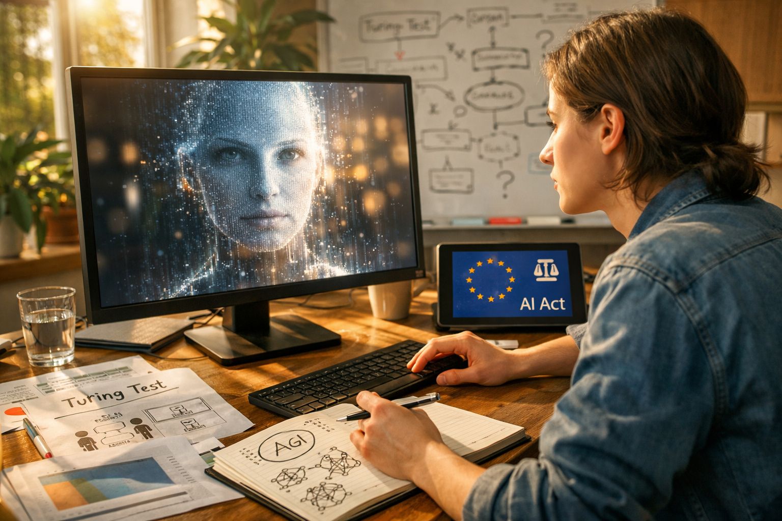 Mulher a trabalhar com inteligência artificial no computador, com gráficos e texto sobre IA na mesa.