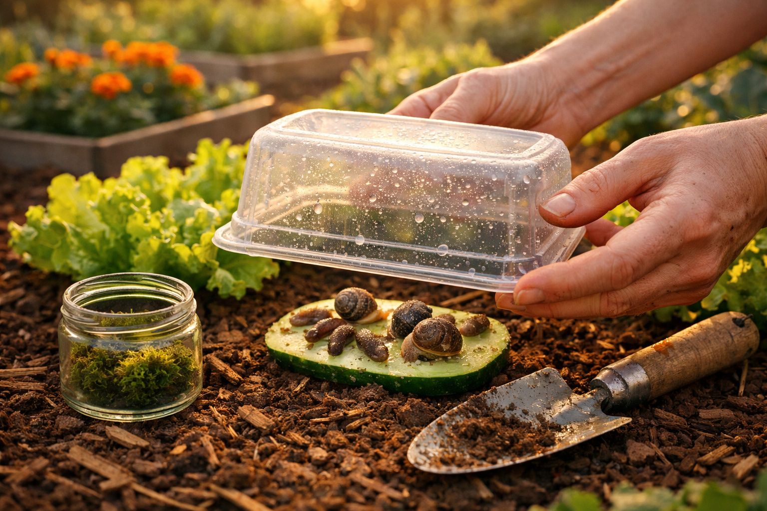 Mãos a cobrir caracóis numa fatia de pepino com uma caixa plástica num ambiente de jardim.