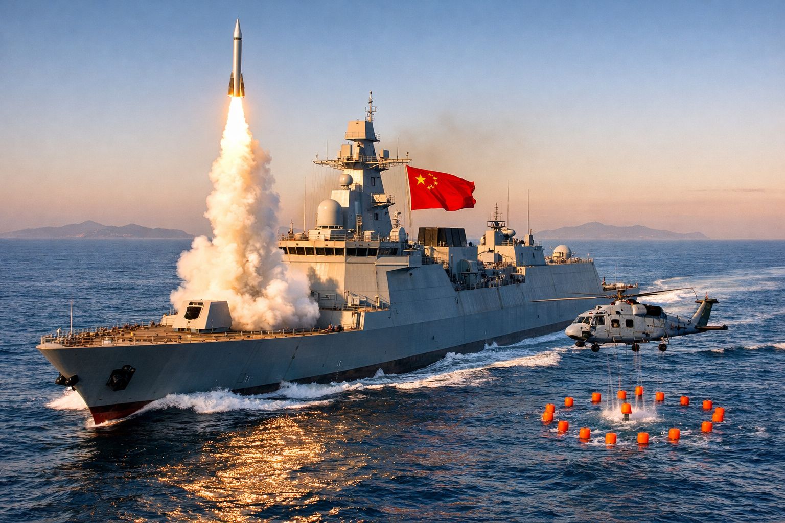 Navio de guerra chinês a lançar míssil, com helicóptero a pairar próximo e bandeira vermelha visível.