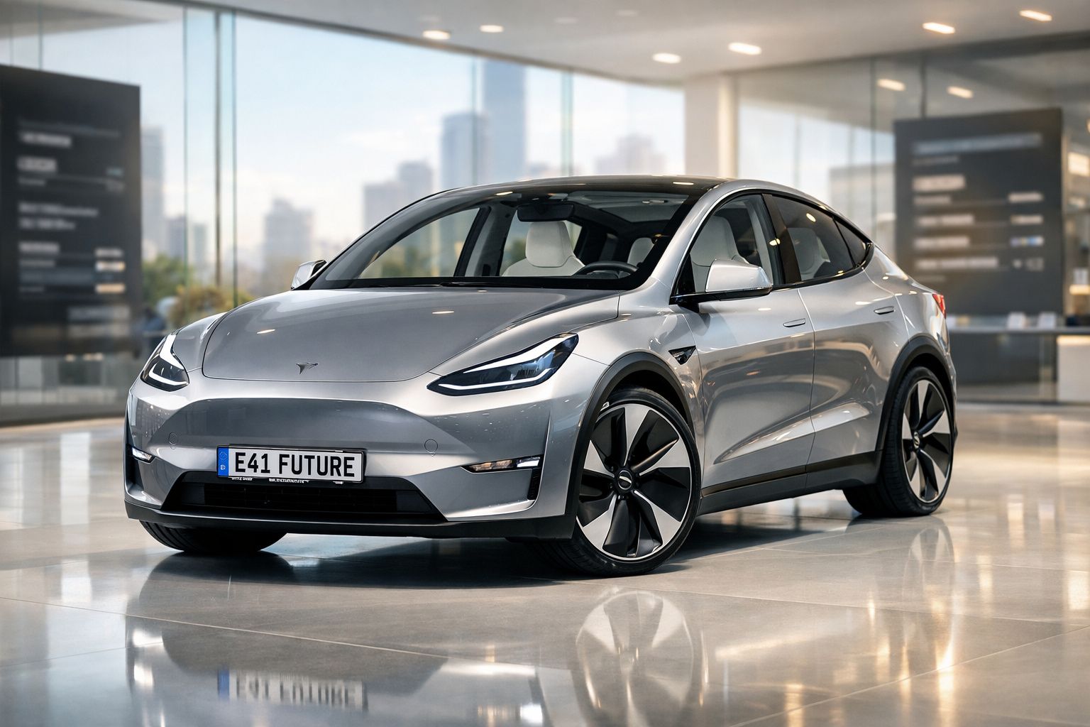 Carro elétrico Tesla moderno prateado estacionado numa sala com chão reflexivo e janelas amplas.