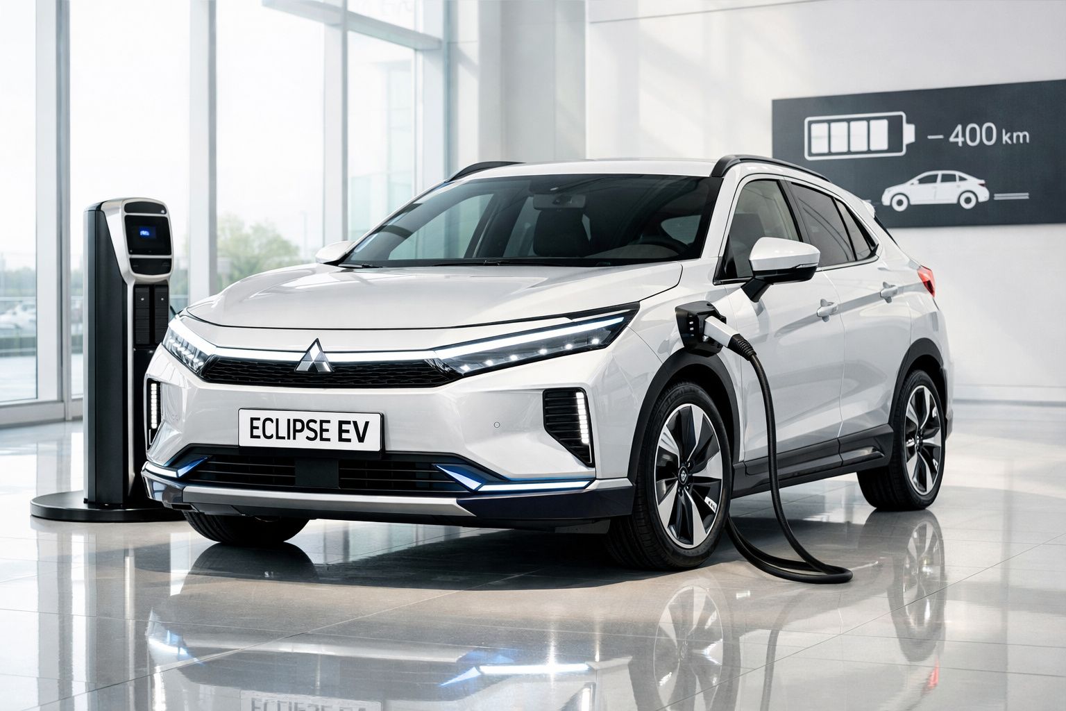 Carro elétrico Mitsubishi Eclipse EV branco a carregar numa tomada numa sala moderna com indicador de 400 km de autonomia.