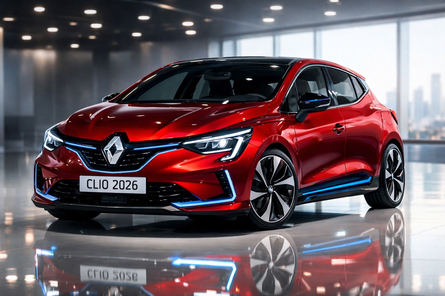 Renault Clio 2026 vermelho com luzes LED azuis, carro compacto estacionado em ambiente interno moderno.