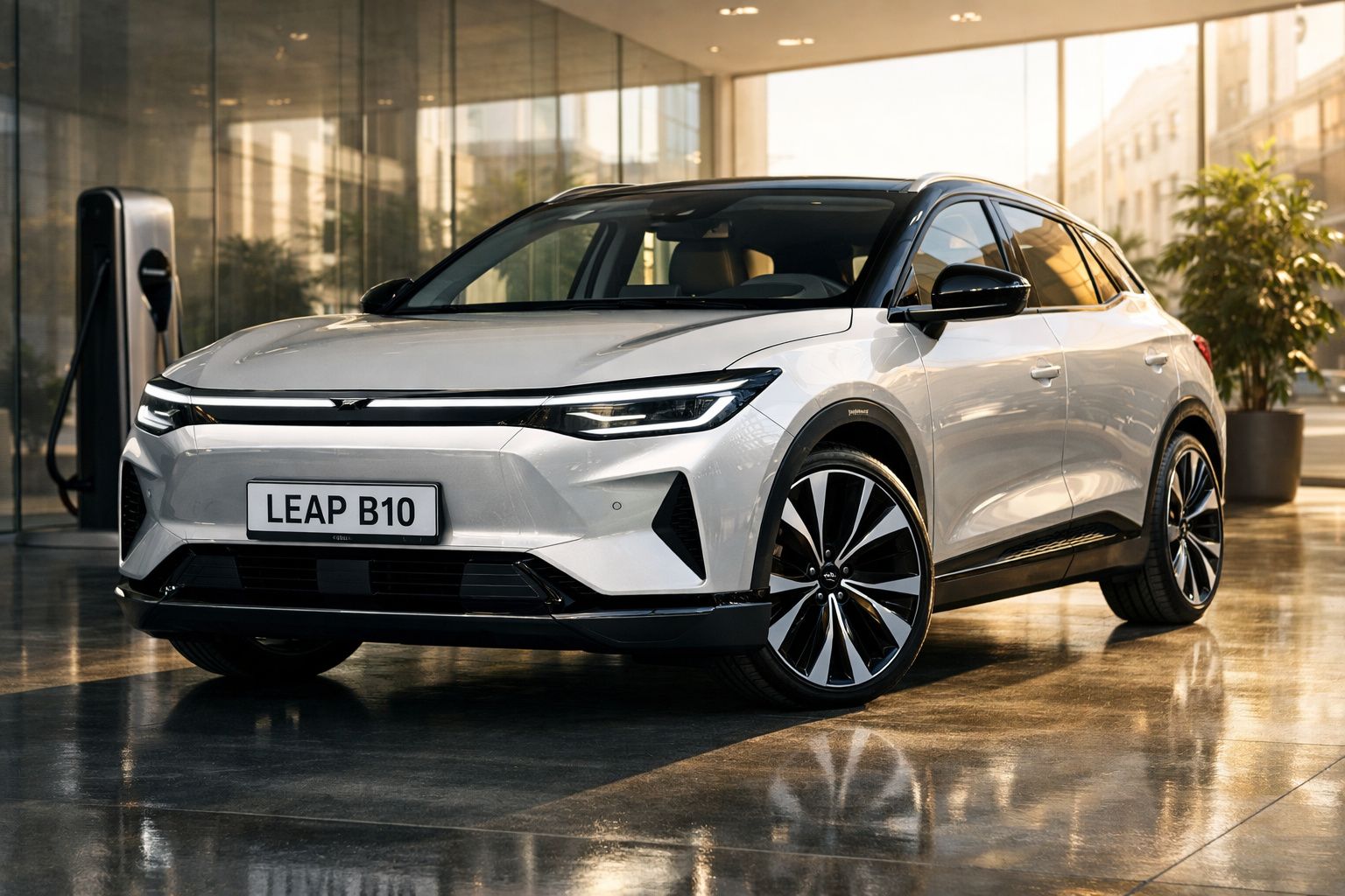 Carro elétrico branco LEAP B10 estacionado numa garagem moderna com parede de vidro e carregador elétrico.