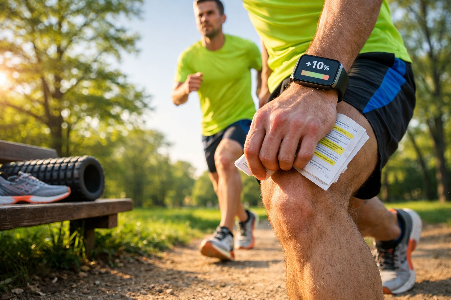Homem a fazer alongamentos no joelho com relógio fitness, outro a correr num parque ensolarado.