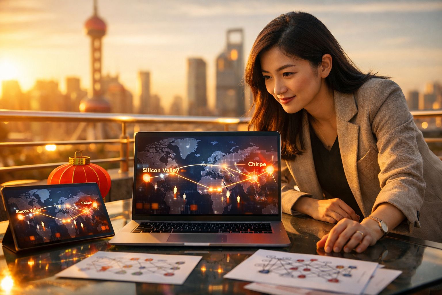 Mulher asiática a trabalhar ao ar livre com mapas digitais e gráficos em laptop e tablet ao pôr do sol.