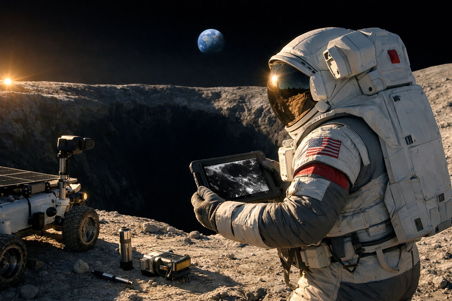 Astronauta na superfície lunar com tablete a analisar dados, perto de veículo robótico, com Terra ao fundo.