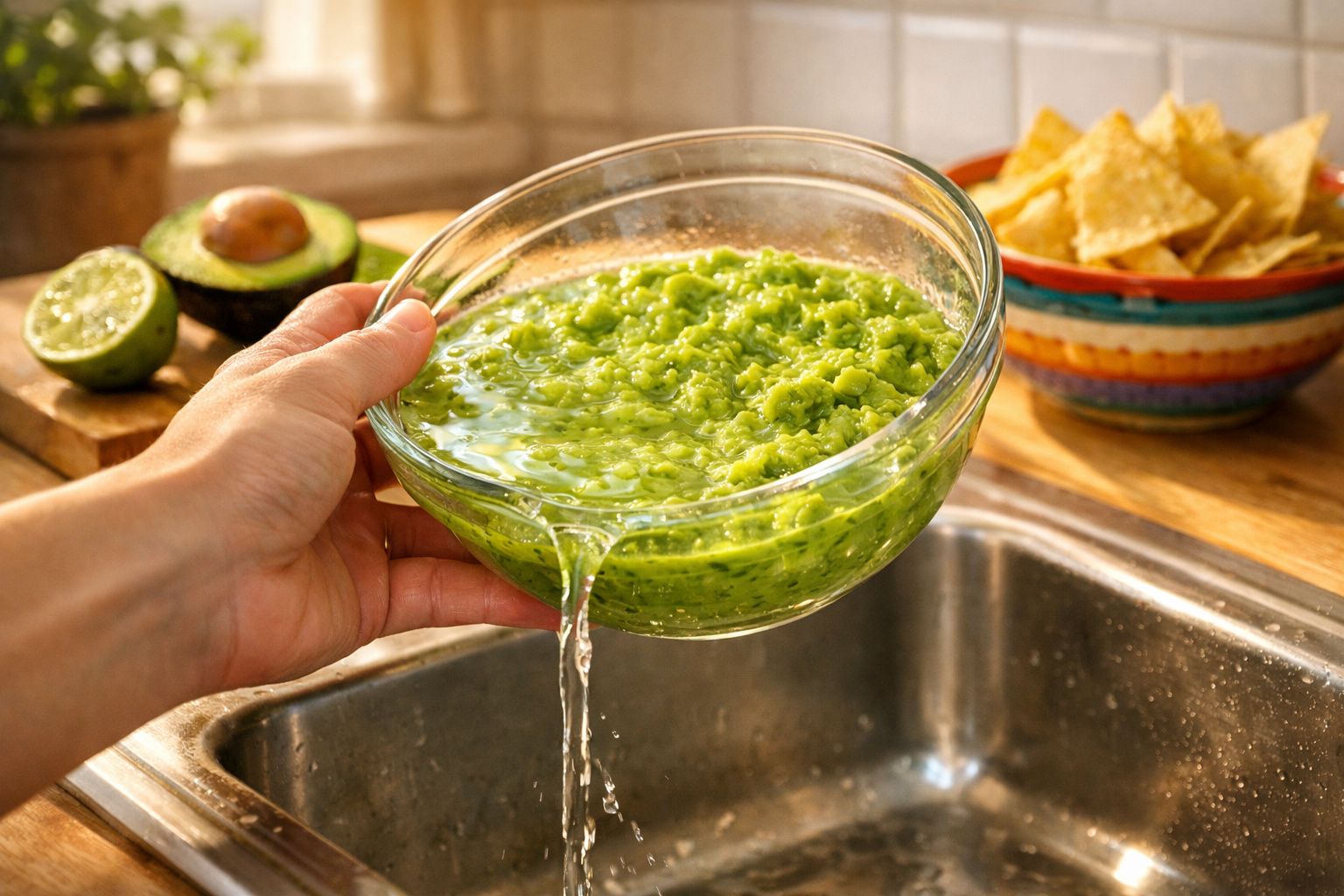 Mão a escorrer excesso de líquido de guacamole num recipiente de vidro na cozinha, com tigela de nachos ao fundo.