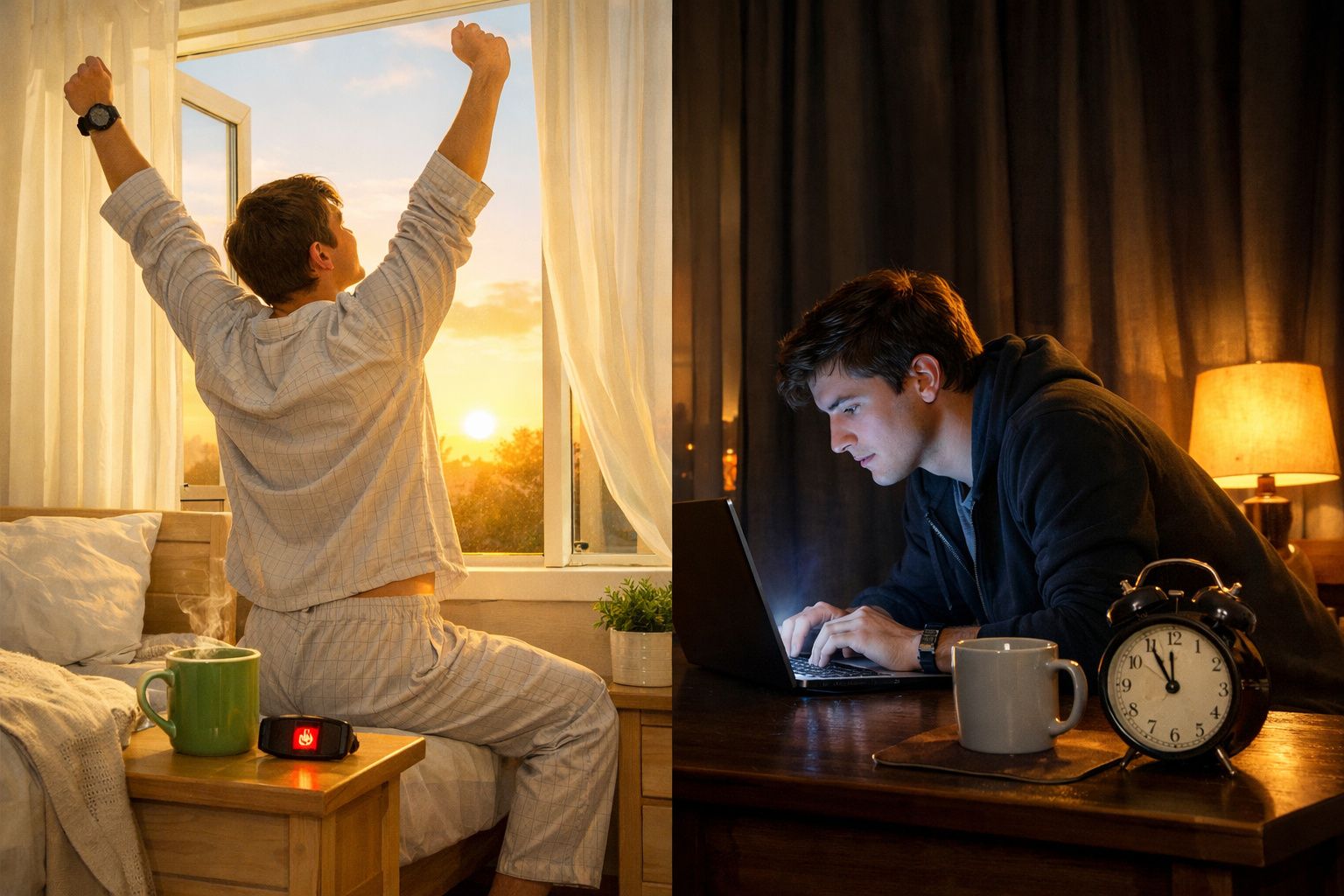 Pessoa a esticar-se numa manhã ensolarada e outra a trabalhar no computador à noite com relógio e chá.
