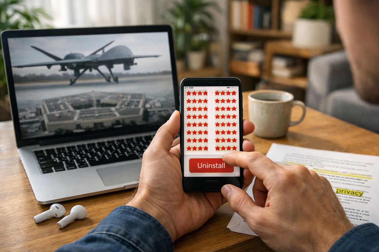 Pessoa a desinstalar app com avaliações negativas num smartphone, com drone militar num laptop ao fundo.