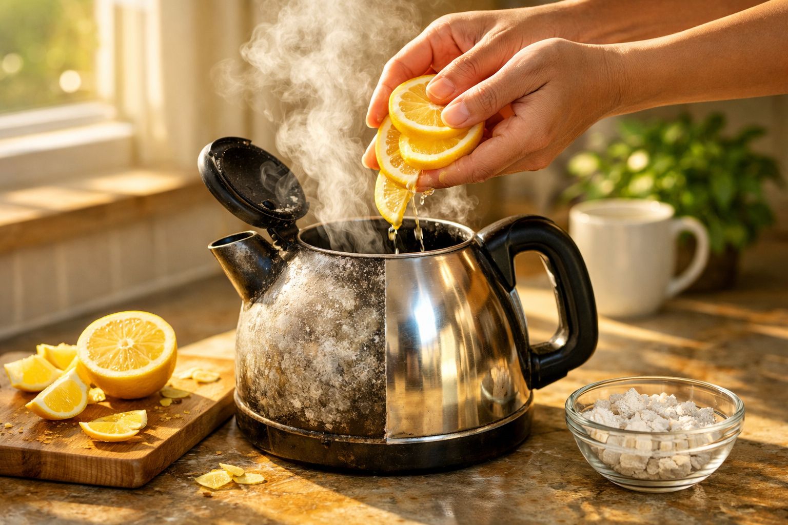 Mãos a espremer limão para dentro de bule de chá fumegante numa cozinha iluminada pelo sol.