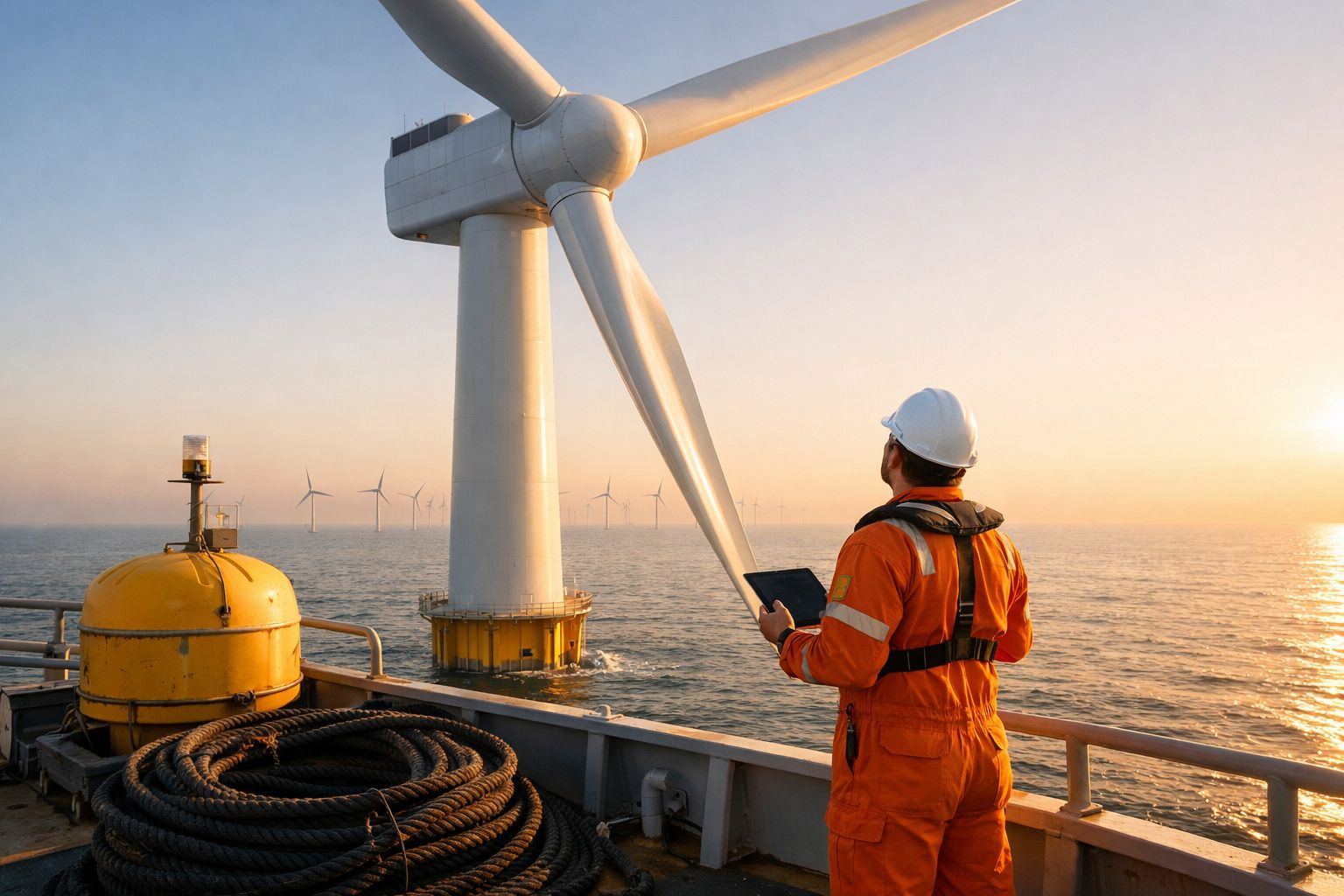 Trabalhador com equipamento de segurança inspeciona turbina eólica offshore ao pôr do sol no mar.