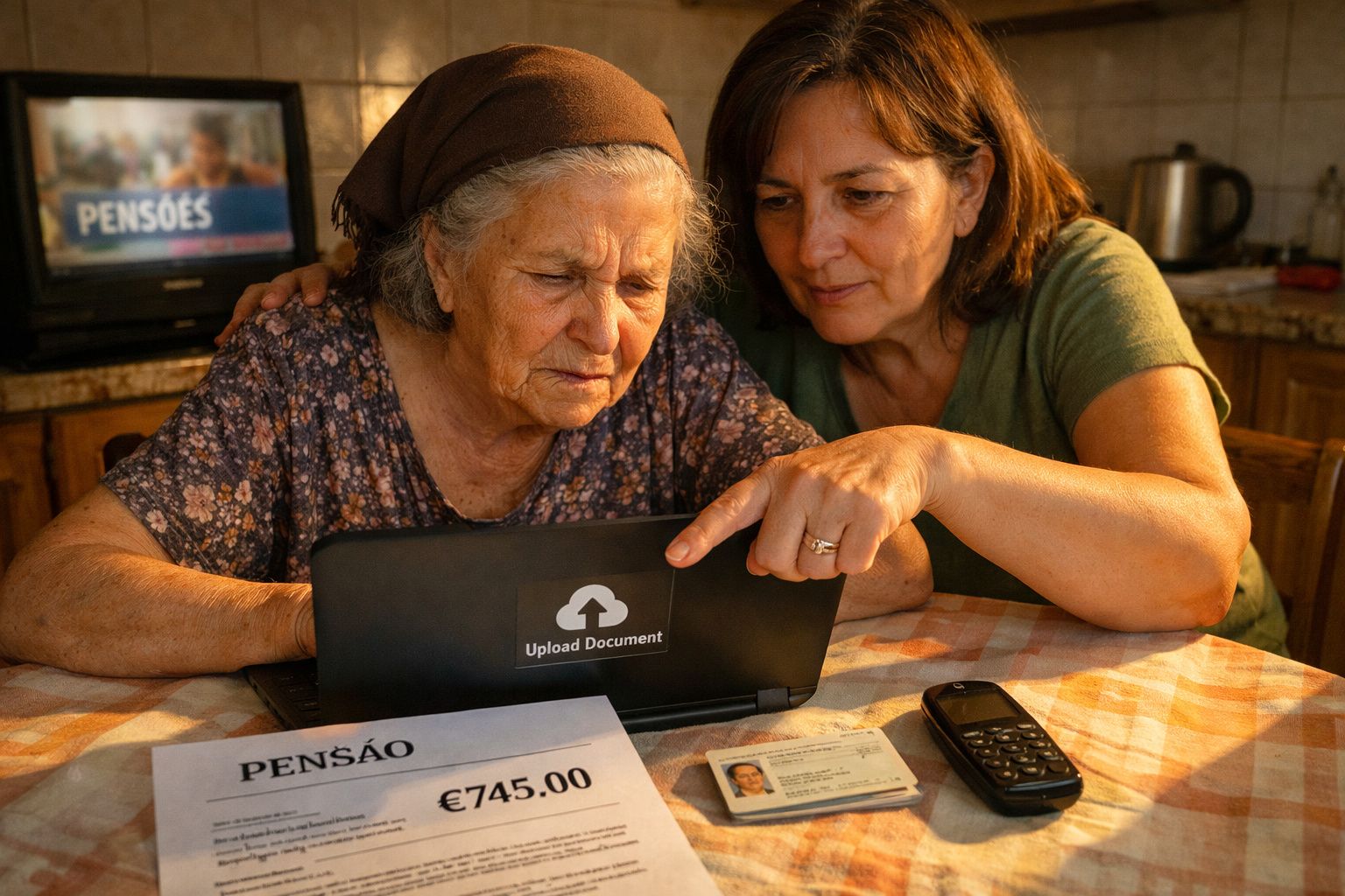 Mulher mais jovem ajuda idosa a usar computador para tratar de pensão num ambiente doméstico.