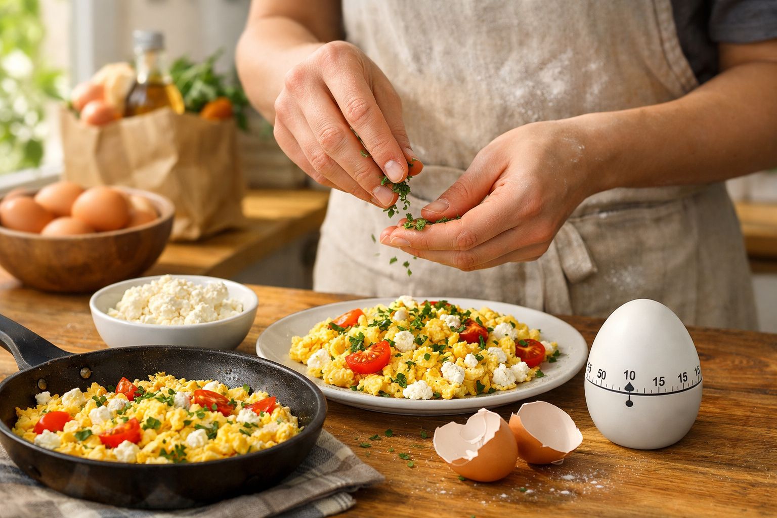 Pessoa a polvilhar ervas frescas em prato de ovos mexidos com tomate e queijo numa cozinha acolhedora.