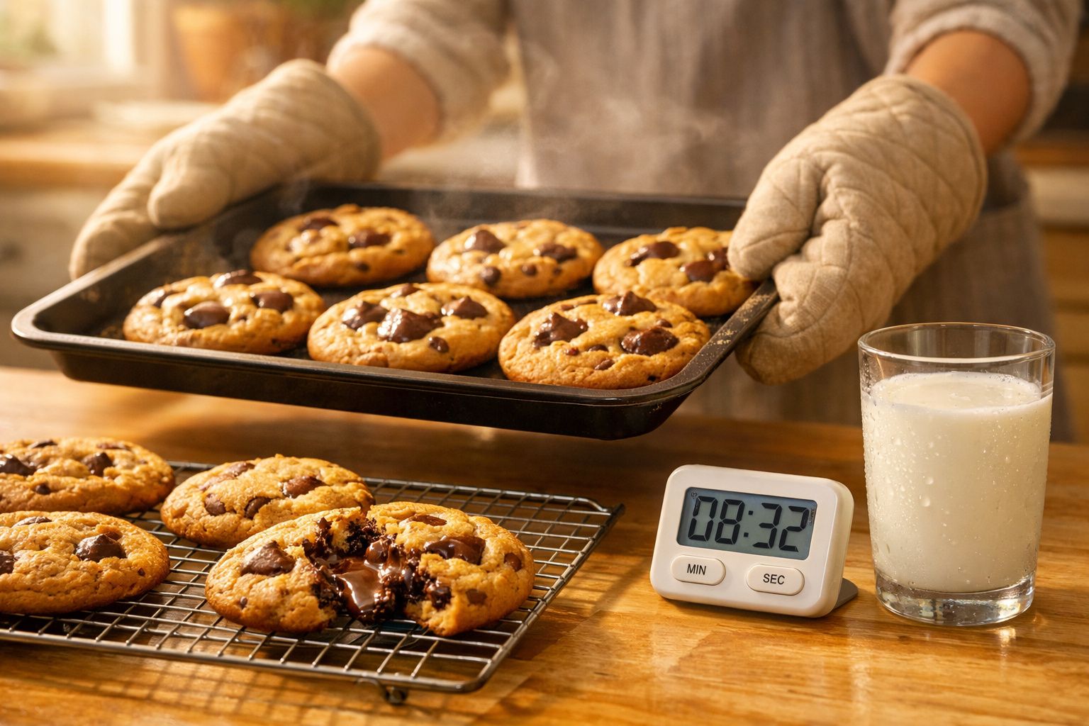 Biscoitos com chocolate recém-saídos do forno, timer e copo de leite numa cozinha acolhedora.