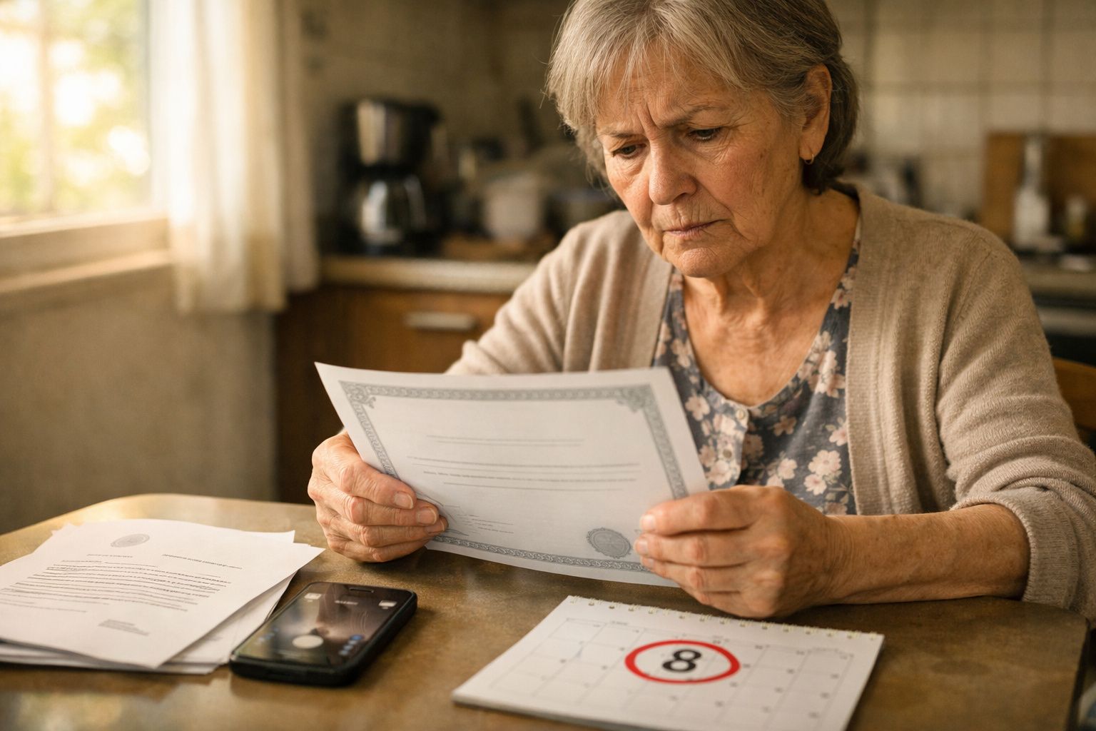 Mulher idosa preocupada a analisar documentos sentada à mesa numa cozinha iluminada.