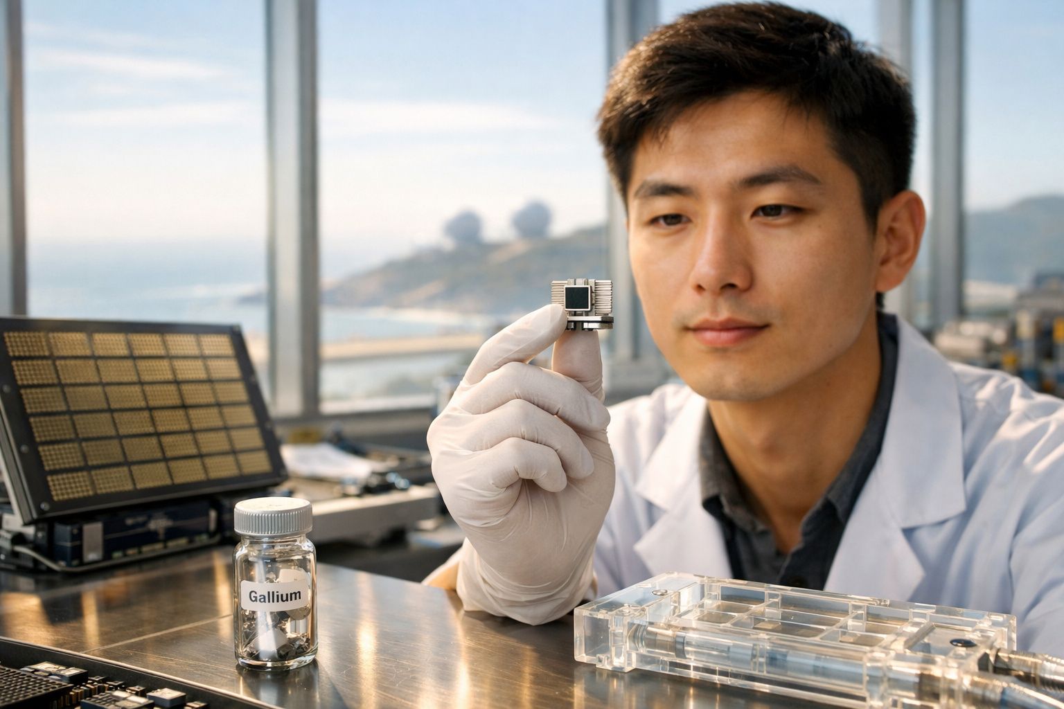 Cientista com bata e luvas a segurar chip eletrônico em laboratório com equipamentos e frasco de gálio.