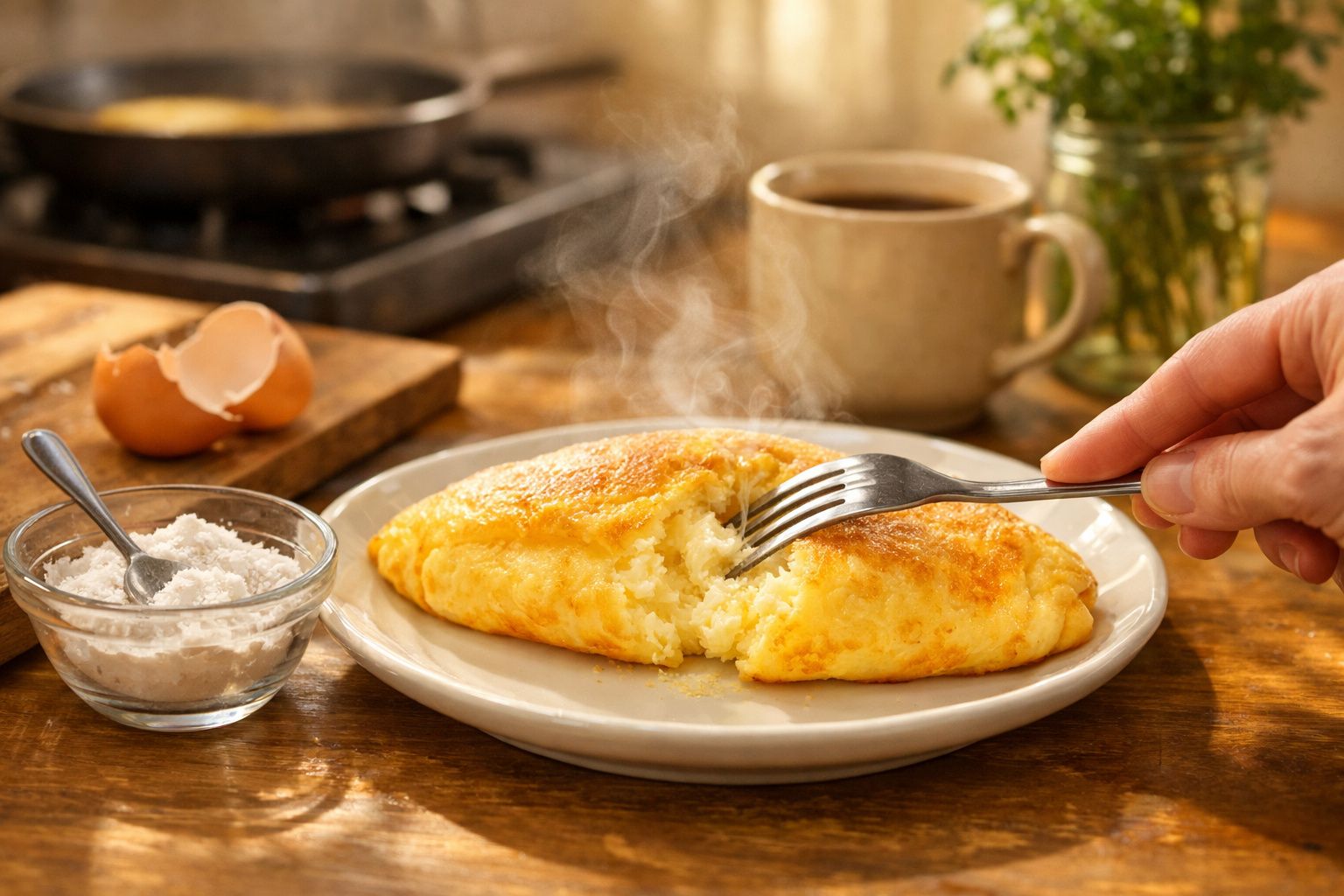 Omelete quente partido ao meio num prato, com chávena de café e ovos partidos ao fundo.