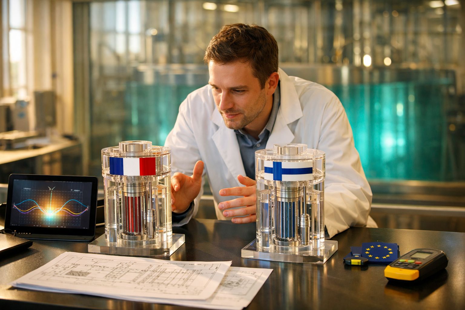Cientista analisa modelos transparentes de reatores nucleares com bandeiras da França e Finlândia numa mesa.