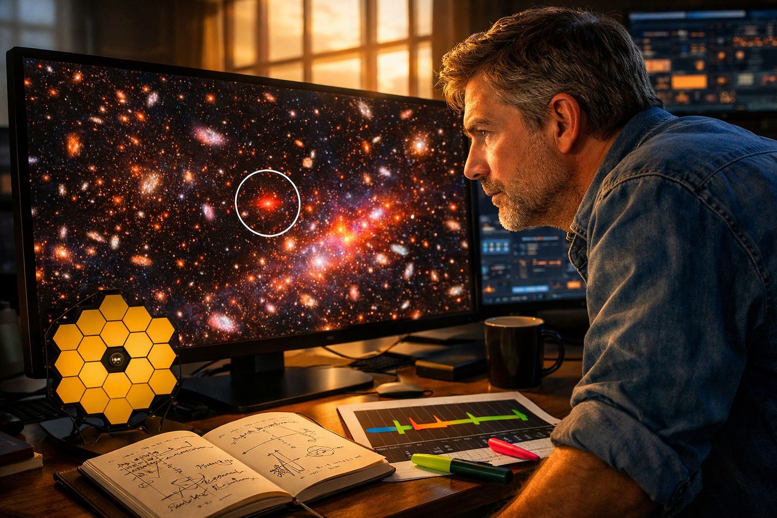 Homem observa imagem detalhada do espaço e de galáxias num monitor de computador numa sala iluminada.
