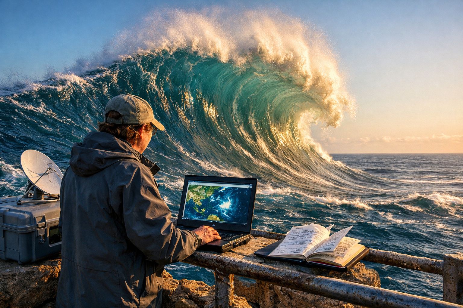 Pessoa com computador portátil junto ao mar, monitoriza grande onda prestes a rebentar ao amanhecer.