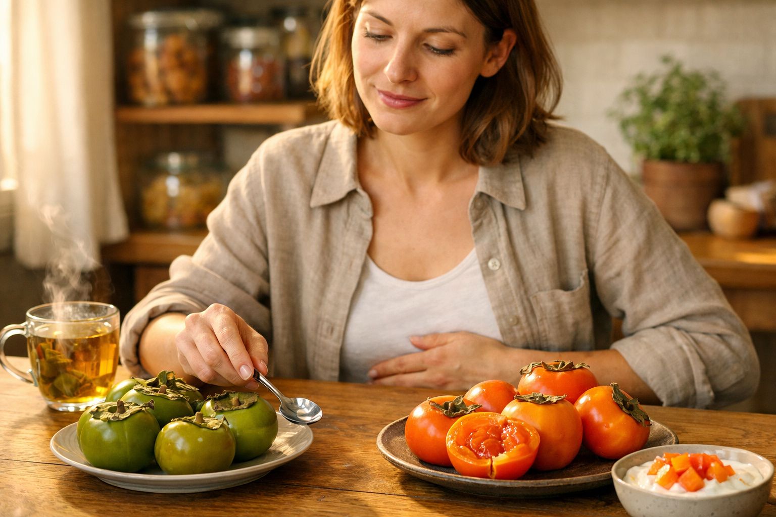 Mulher sentada à mesa com t-shirts de caqui verdes e laranjas e chá a fumegar numa sala de cozinha acolhedora.