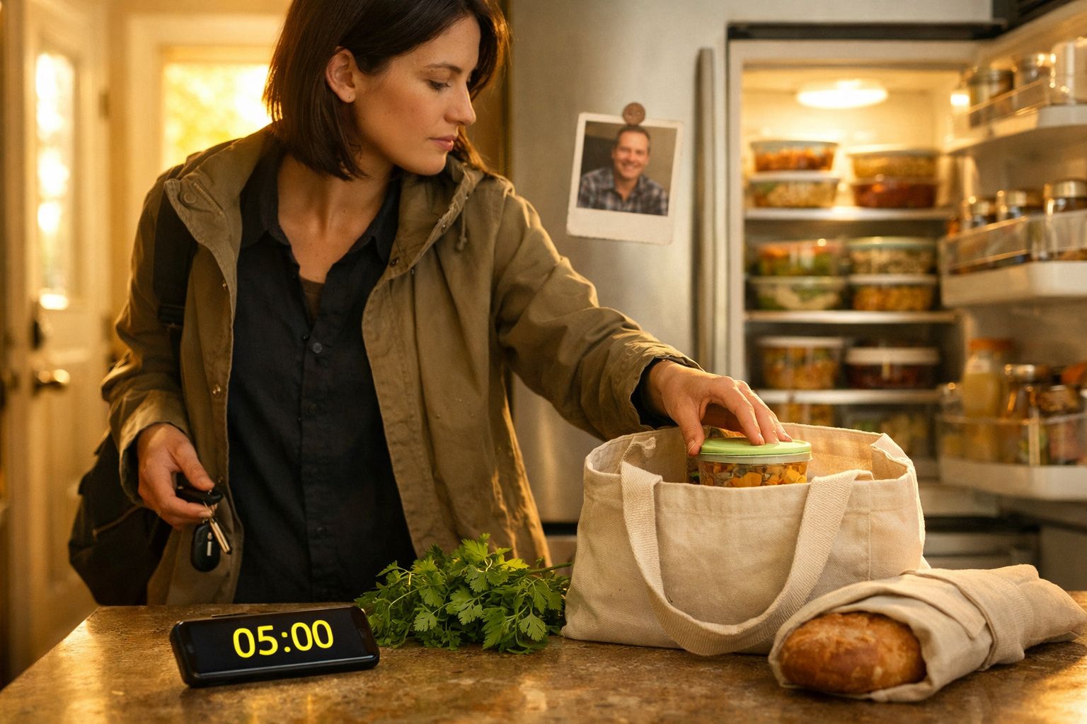 Mulher coloca comida numa mochila reutilizável numa cozinha, relógio digital mostra 05:00.