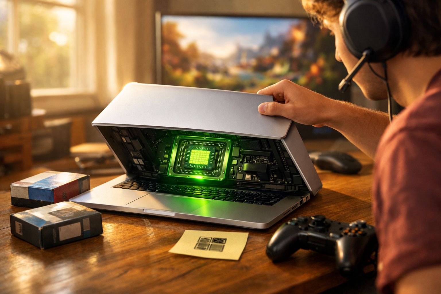 Pessoa com auriculares abre portátil que revela componente electrónico iluminado a verde numa mesa com comando e caixas.